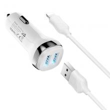Hoco Car Charger + Lightning Cable 2 Port (USB + Lightning) Fast Z40 White