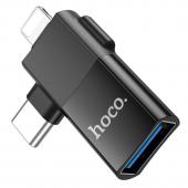 Hoco UA17 Lightning Male + USB-C Male to USB Female DUAL Adapter - Black 